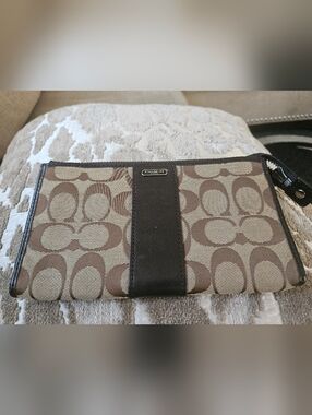 Coach Brown Khaki Signature Canvas Wristlet with Dark Brown Stripe